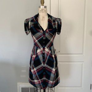 All Saints Dress Ruched Plaid Midi Dress XSMALL